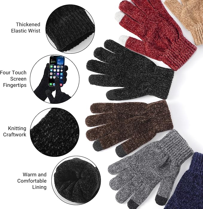 Winter Beanie Hat Circle Scarf Gloves Set for Men Women, Thick Warm Chenille Skull Cap Touchscreen Gloves Neck Warmer