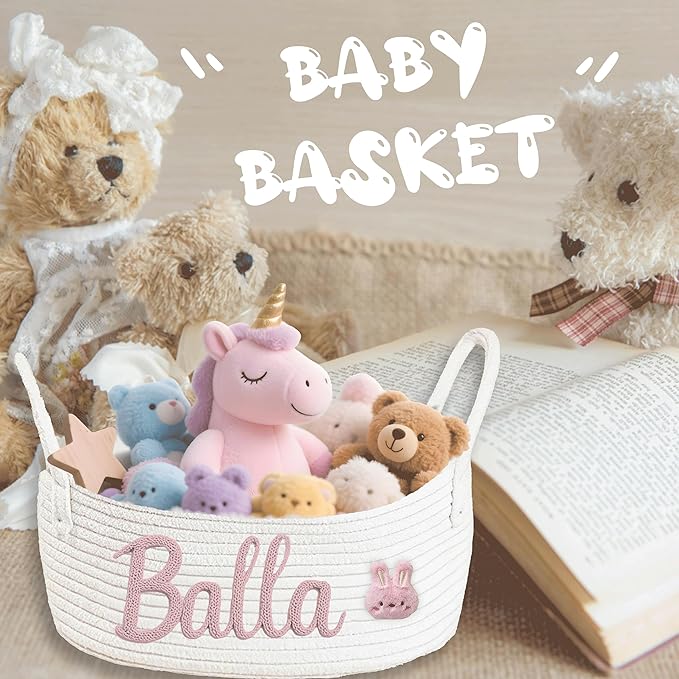 Personalized Baby Basket with Name Custom Cotton Rope Easter Basket Newborn Shower Gift Diaper Caddy Nursery Storage Bin (M)