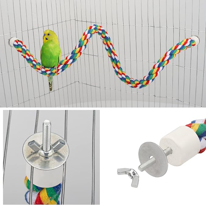 Mygeromon Bird Rope Perches Cage Climbing Accessories (31.5inch Metal nut) | for Parakeet, Parrot, Cockatiels, Budgie, Colorful