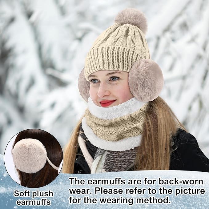 SATINIOR 5 Pcs Winter Hat Scarf Gloves Set Fleece Warm Lined Knit Beanie Hat Touch Screen Earmuff Gloves Warmer for Women(Beige,Fresh Style)