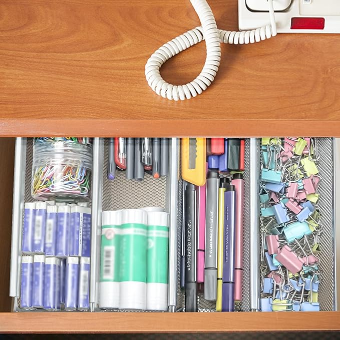 2PCS Drawer Organizer, Mesh Drawer Organizer with Interlocking Arm for Utensil, Cosmetic, Flatware, Pen (12 * 3 * 2 Inches, Grey)