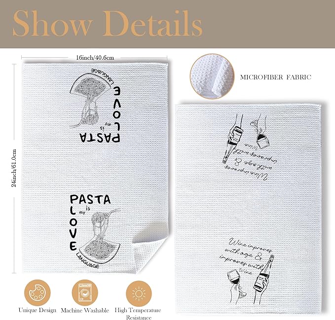 Funny Pasta Wine Kitchen Towels, Wine Gifts for Women Men Dish Tea Towels for Kitchen Bar Cart, Gifts for Pasta Lovers Decorative Hand Towel, 16x24 Inch Set of 2