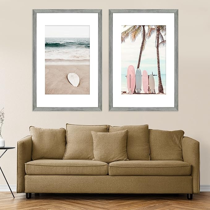 14x22 Picture Frame Set of 2, Rustic Grey Wood Style - Display 14 x 22 Picture without Mat or 12x18 Picture with Mat, Wall Mounting Horizontal and Vertical
