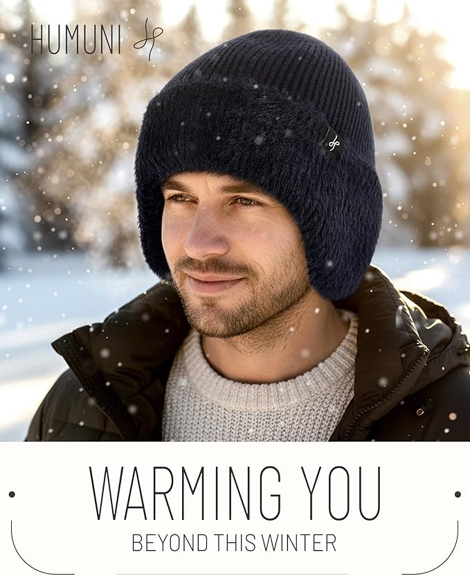 Winter Fleece-Lined Beanie with Earflaps, Warm Windproof Unisex Beanie Hat for Skiing, Hiking & Outdoor Winter Sports
