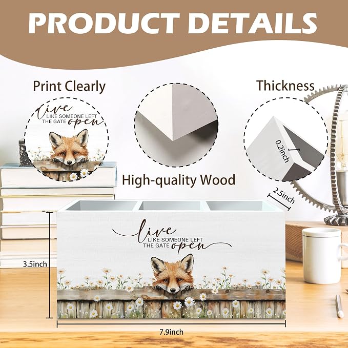 DILSJ Fox Inspirational Pen Pencil Holder Organizer For Desk, Fox Gifts For Women, Rustic Floral Live Like Someone Left The Gate Open Wooden Box Signs For Home Office Desk Tabletop Decoration