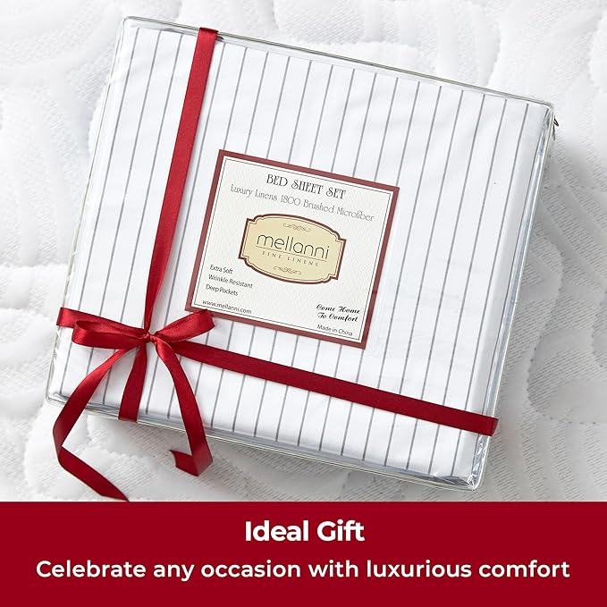 Mellanni California King Sheets Set - 4 PC Iconic Collection Bedding - Hotel Luxury, Extra Soft, Cooling Bed Sheets - Wrinkle, Fade, Stain Resistant (Cal King, Pin Stripe Gray)