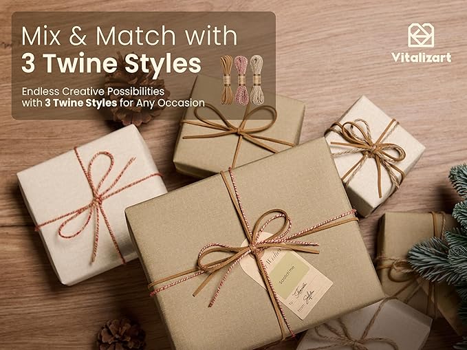 Vitalizart Textured Wrapping Paper Set 17" Roll Twine Ribbons & Tags Extra Thick All-in-One Neutral Tan Kraft Christmas Gift Wrap Birthday Baby Shower Wedding Crafts Vintage Minimalist Housewarming Flower Book