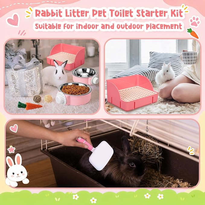 Reallnaive 15 Pcs Rabbit Starter Kit Small Rabbit Litter Box Girls Gift Animal Grooming Kit Bunny Toys Bowl Blankets with Cleaning Set for Guinea Pig Accessories (Bright Pink)