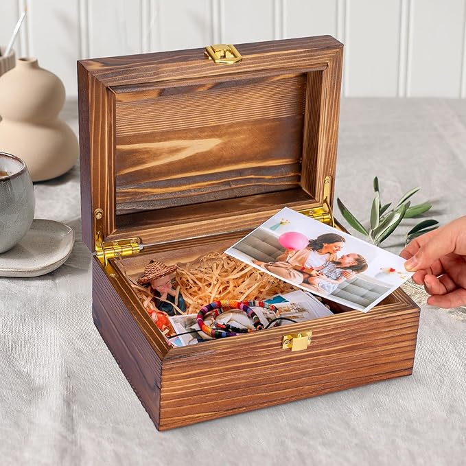 Small Wooden Memory Keepsake Boxes With Hinged Lids and a photo frame inside the lid - Decorative Storage Box With a Hinge Lids For Picture Letter Time Capsule - Wooden Gift Boxes,3.1“*5.1”*7.1“ Carbo