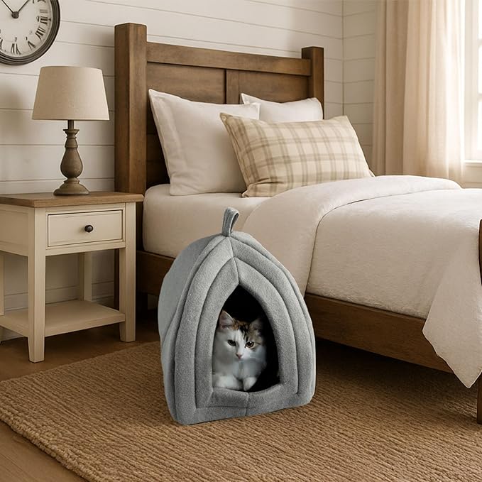PETMAKER Indoor Cat House with Removable Foam Cushion, Gray, 13.5” x 15.75” | Plush Pet Bed Tent Hideaway with Cozy Soft Interior for Cats, Kittens, and Small Pets, Small Animal Sleep & Rest Space
