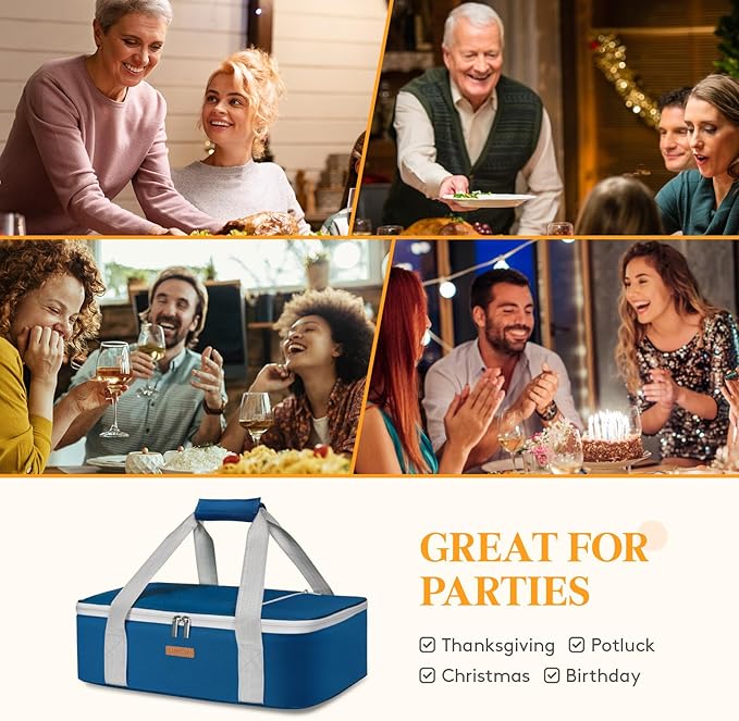 LUNCIA Insulated Single Decker Casserole Carrier, Lasagna Lugger Tote Keeps Food Hot or Cold, Thermal Lunch Bag for Potluck Parties, Picnic and Cookouts, Fits 9" x 13" Baking Dish, Pure Blue