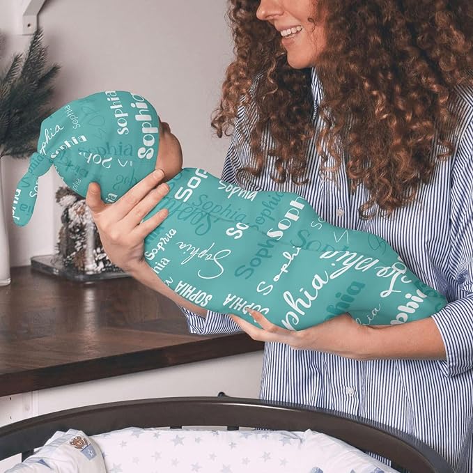 Personalized Baby Swaddle Blanket for Boys Girls Name Lettering Lake Blue Custom Name Receiving Soft Blanket with Cap for Newborn Girls and Boys