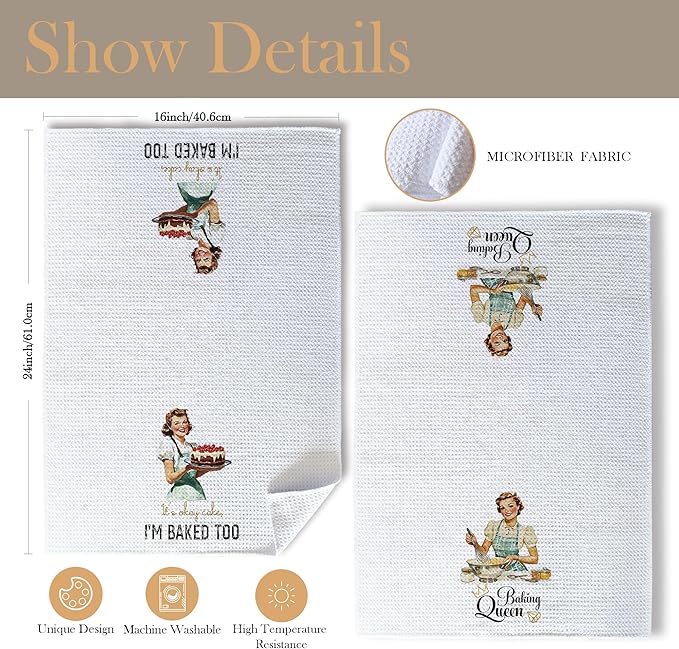 Funny Retro Baking Kitchen Towels, Baker Gifts for Women Dish Tea Towels for Kitchen, Gifts for Baking Lovers, Hostess Gift Decorative Hand Towel, 16x24 Inch Set of 2