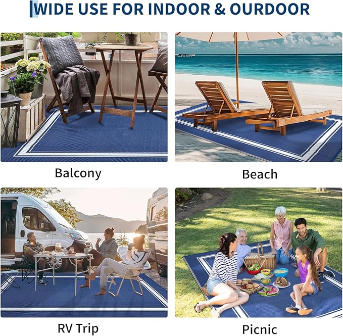 Outdoor Rug 9x18 Waterproof Reversible Mat All Weather Outdoor Plastic Straw Rus Carpet UV Resistant Modern Bordered RV Mat Carpet for Patio Deck Balcony Pool Picnic Blue/White