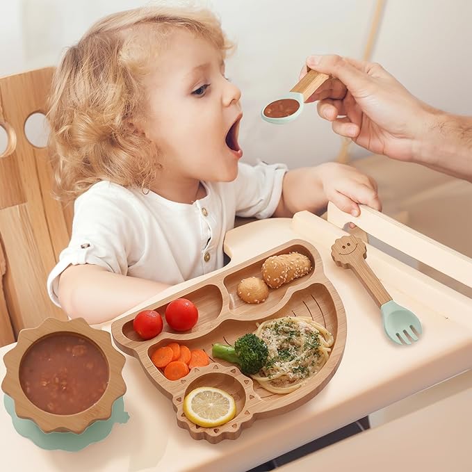 Bamboo Suction Plates Bowls Set for Baby Toddler - Includes Bamboo Bowl, Divided Plate, Silicone Fork & Spoon, All-Natural Baby Feeding Set for Baby-Led Weaning