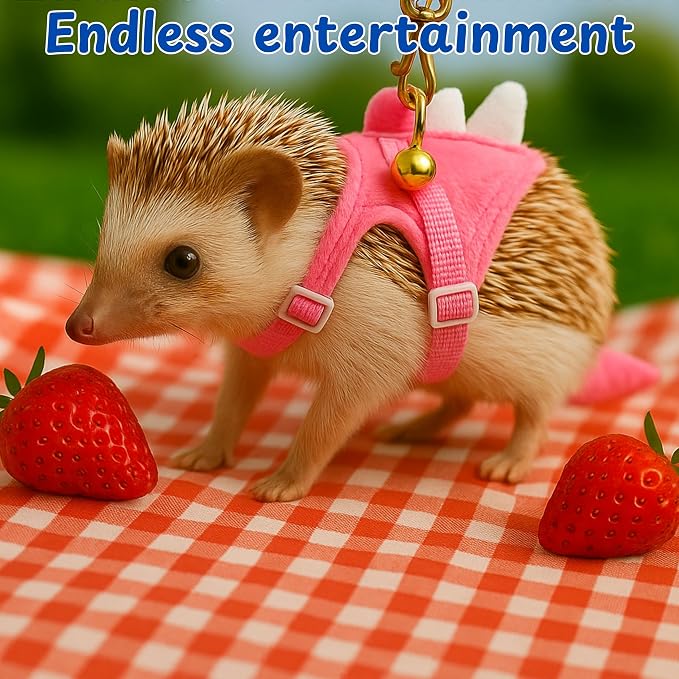 Hedgehog Leash and Harness Clothes Accessories, Adjustable Leash and Harness with Safe Bell, Dinosaur Shaped Outfit, Hamster Clothes For Ferret Hamster, Hedgehog Accessories, Guinea Pig Outfits (Pink)