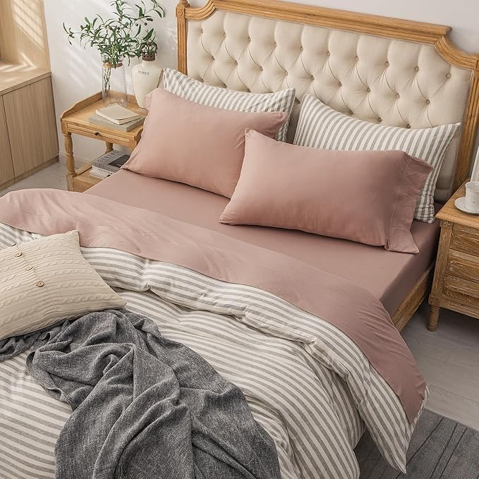 PURE ERA Jersey Knit 4pc Bed Sheet Set 100% T-Shirt Cotton Super Soft Comfy Breathable Fits Mattress Up to 20" Extra Deep Pocket (Solid Petal Pink, Queen)