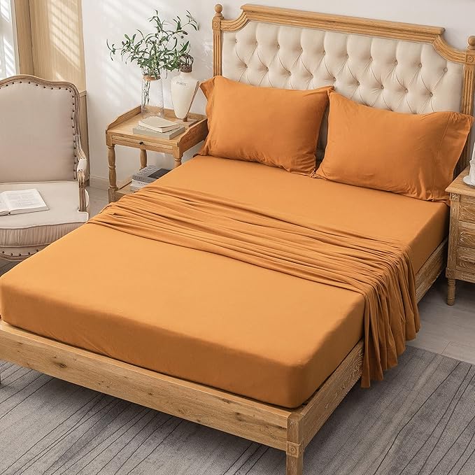 PURE ERA Jersey Knit 4pc Bed Sheet Set 100% T-Shirt Heather Cotton Super Soft Comfy Breathable Fits Mattress Up to 20" Extra Deep Pocket (Solid Burnt Orange, King)