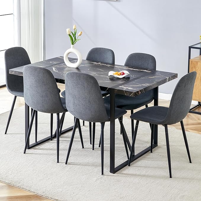 Dinner Table Set for 6, 7 Piece Dining Table Set for 6,Modern 55'' Rectangle Dining Table and 6 Dining Chairs,Kitchen Table and Chairs for 6,Ideal for Kitchen Dining Room