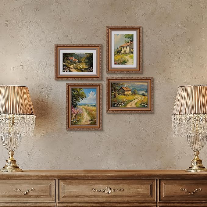 eletecpro 5x7 Picture Frames Set of 4, Vintage Photo Frames with Real Glass, Displays 4x6 Photo with Mat or 5x7 without Mat for Tabletop or Wall Decor, Bronze