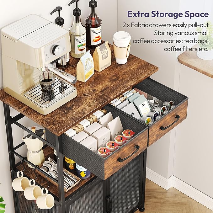 SWTYMIKI Coffee Bar Cabinet with Drawer - 20.47" Coffee Stand Station with Removable Hooks, Buffet Cabinet for Coffee Maker or Microwave, Kitchen Bar Table Storage Organizer, Espresso