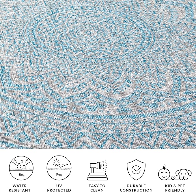 SAFAVIEH Washable Rug Outdoor Courtyard Collection - 2'3" x 5', Light Grey & Aqua Blue, Non-Shedding & Easy Cleaning, Ideal for Patio, Front Door, Entryway, Mudroom, Doormat (CY8734-37112)