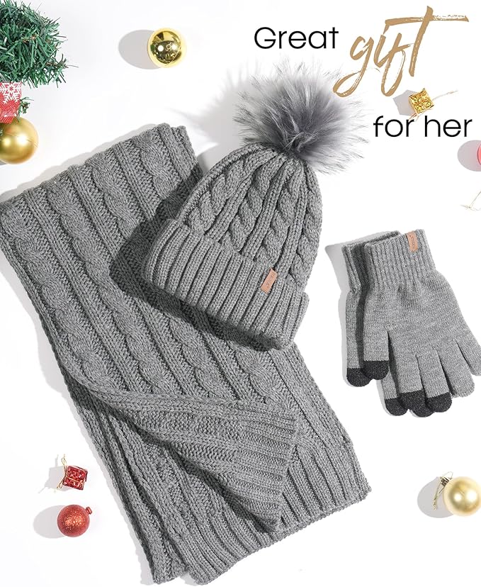FURTALK Womens Winter Hat Gloves Scarf Set Fleece Knit Pom Beanie Warm Neck Warmer Touchscreen Gloves 3 in 1 Gift Set