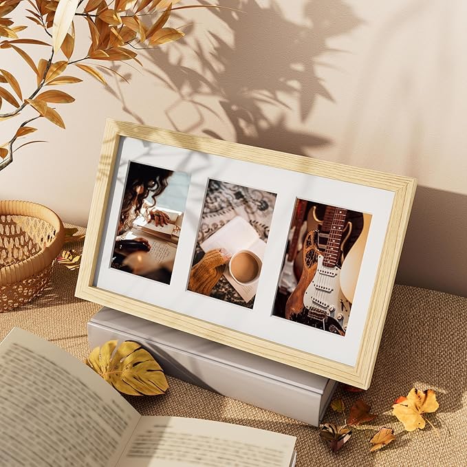 Vittanly 8x14 Picture Frames Collage Wall Decor, Displays 3Pcs 4x6 Pictures with Mat or 1Pcs 8x14 without Mat, Collage Picture Frame for Horizontal or Vertical Display, Nature Wood, 1 Pack