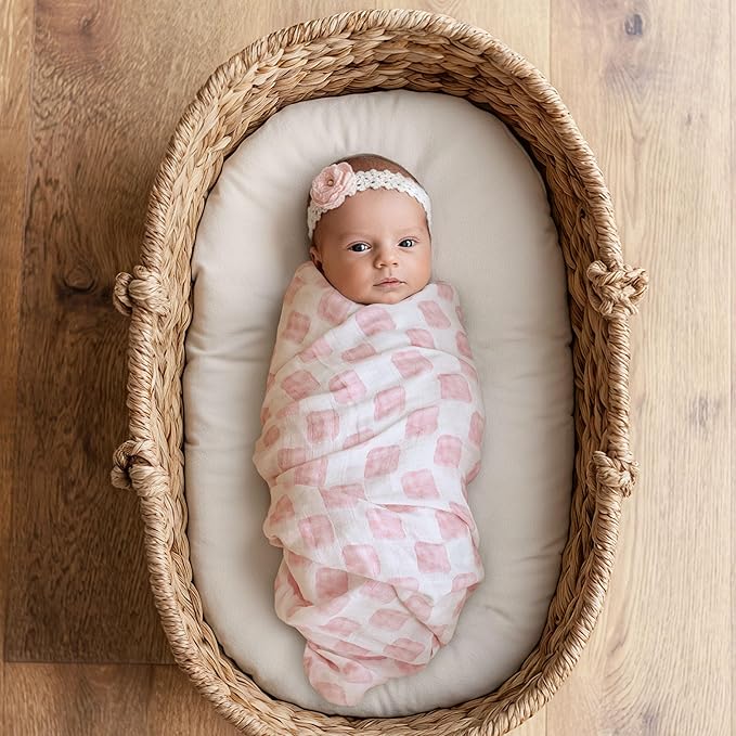 Muslin Swaddle Blankets for Newborn, 4 Pack Organic Cotton Baby Blanket, Large 31.5 x 43.3 Breathable Soft Receiving Blankets Girl, Essentials Swaddle Wrap Burping Clothes, Pink Rainbow