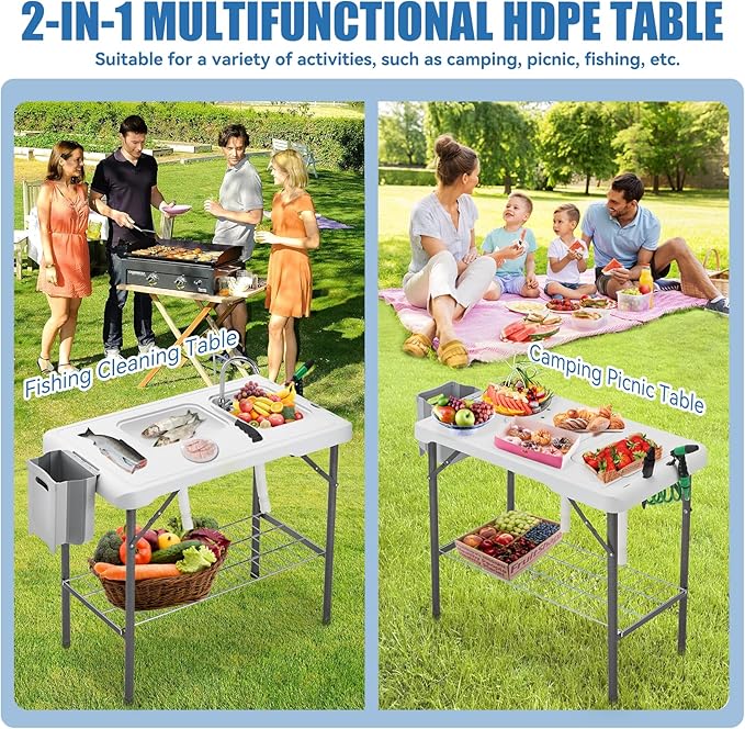 Folding Fish Cleaning Table Portable Camping Double Sinks Table w/2 Dual Water Basins, Faucet Drainage Hose & Sprayer Outdoor Fish Fillet Cleaning Station w/Knife, Storage Box,Black | Portable, Camping, 2 Dual Water Basins, Faucet, Drainage Hose, Sprayer