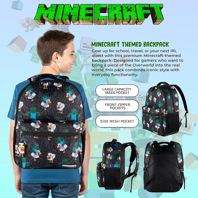 AI ACCESSORY INNOVATIONS Minecraft Chicken Jockey Boys & Girls Backpack, 16” Bookbag w/Molded Chicken Rubber Dangle