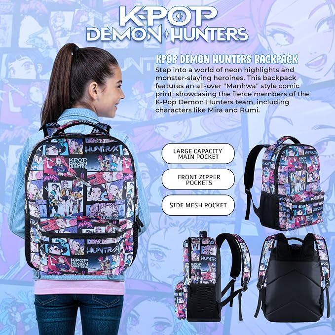 AI ACCESSORY INNOVATIONS K-Pop Demon Hunters Huntrix 16” Backpack for Girls, Featuring an AOP of Rumi, Zoey, Mira, Allover Print