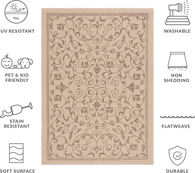 SAFAVIEH Washable Rug Outdoor Courtyard Collection - 5'3" x 7'7", Natural & Brown, Non-Shedding & Easy Cleaning, Ideal for Patio, Backyard, Mudroom (CY2098-3001)
