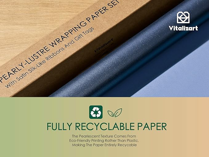 Vitalizart Blue Wrapping Paper Set 17" Pearly-Lustre With Silk Like Satin Ribbon & Gift Tags Recyclable Christmas Gift Wrapping Birthday Baby Shower Wedding Handmade Crafts 197"(16.4 Ft)