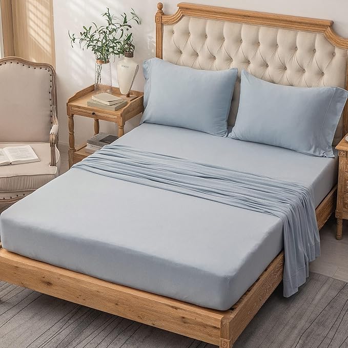 PURE ERA Jersey Knit 3pcs Bed Sheet Set 100% T-Shirt Heather Cotton Super Soft Comfy Breathable Fits Mattress Up to 20" Extra Deep Pocket (Solid Light Blue, Twin XL)