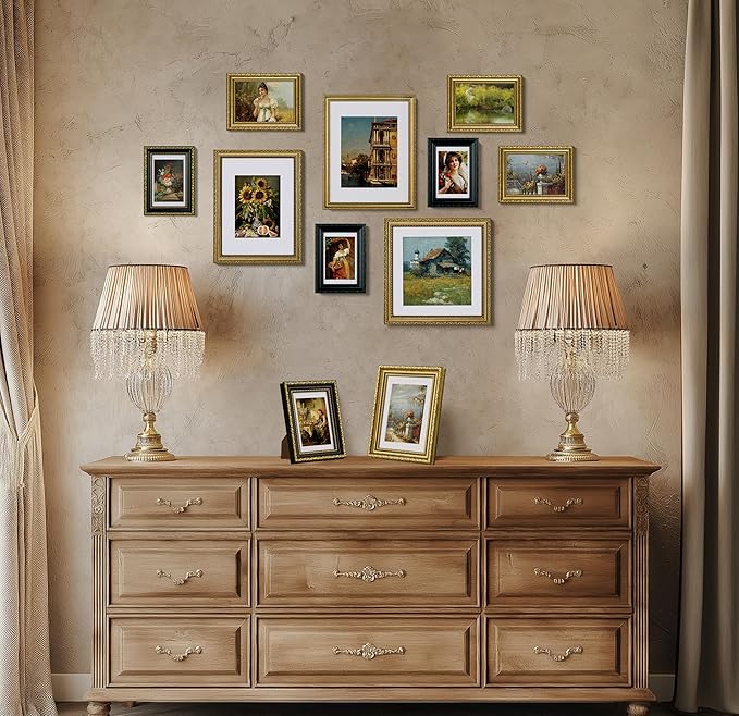 eletecpro 9x12 Picture Frames Set of 4, Vintage Gold 9 x 12 Photo Frames with Glass, Display 6x8 Photo with Mat or 9x12 without Mat for Tabletop or Wall Decor, Gold