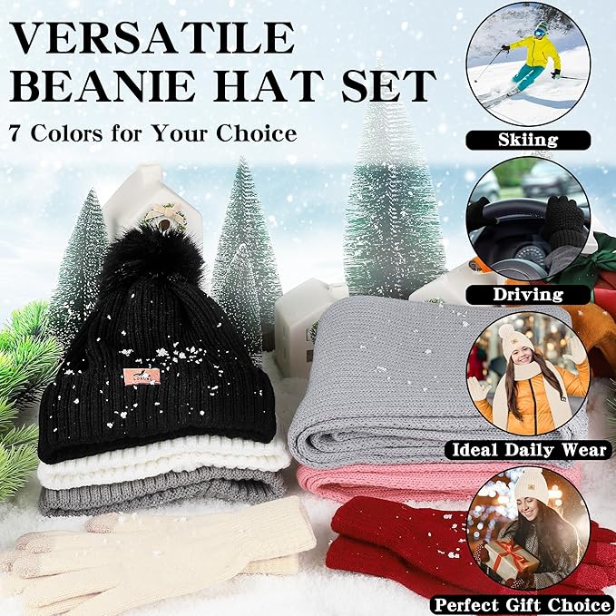 LOROME Women Winter Beanie Hat Scarf Gloves Set, Fleece Knitted Pompom Hat Warm Neck Scarf Touchscreen Gloves Winter Gift