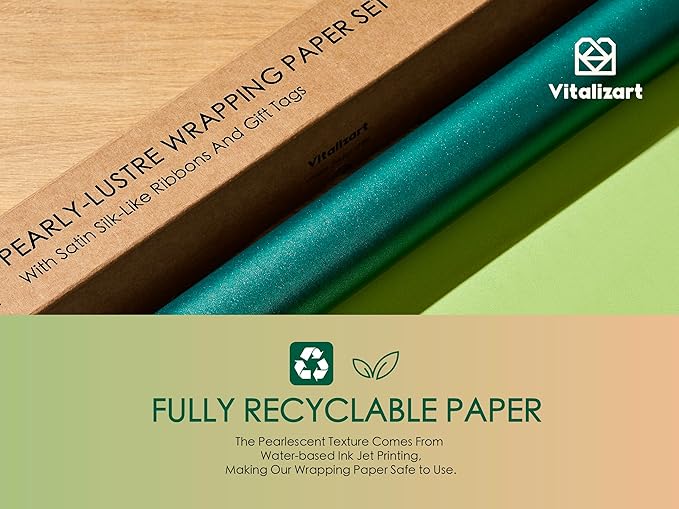 Vitalizart Green Wrapping Paper Set 30" Pearly-Lustre With Silk Like Satin Ribbon & Gift Tags Recyclable Christmas Gift Wrapping Birthday Baby Shower Wedding Handmade Crafts 197"(16.4 Ft)