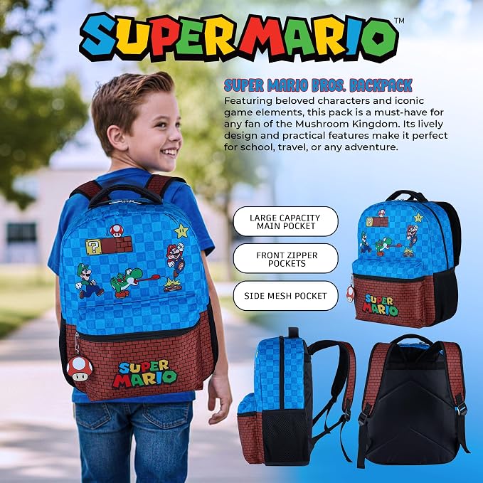 AI ACCESSORY INNOVATIONS Super Mario Brothers Backpack for Boys & Girls, 16 Inch Gaming Bookbag with Molded Toad Dangle, Blue, Featuring Mario, Luigi, Yoshi & Toad