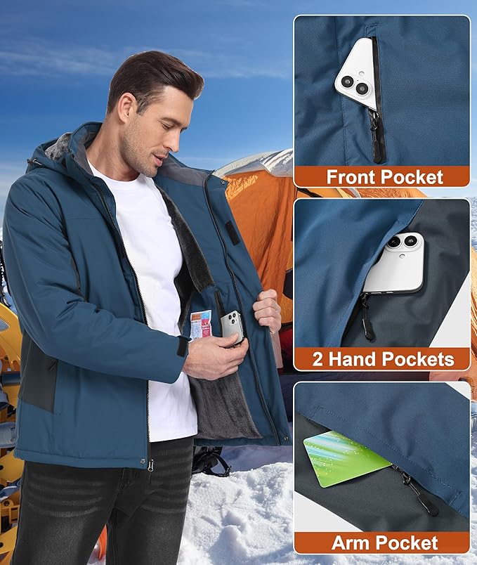 Mens Winter Snow Jacket Waterproof Ski Jackets Snowboard Rain Warm Coat Insulated Hood Fleece Lined