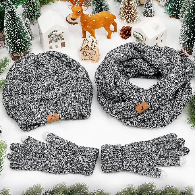 Winter Beanie Hat Scarf Gloves, Warm Fleece Knit Hats Touch Screen Gloves Neck Scarf Set Winter Gifts for Unisex Adult
