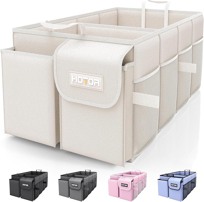 HOTOR Trunk Organizer - Foldable Car Storage for SUVs & Sedans, Sturdy Organization for Accessories, Tools, Sundries, Beige, 2 Compartments, 21.3"12.6"10.6"