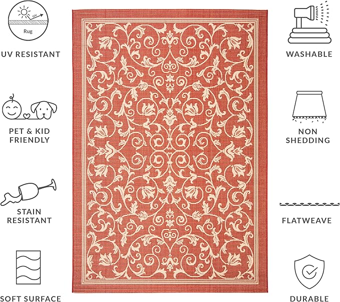 SAFAVIEH Washable Rug Outdoor Courtyard Collection - 5'3" x 7'7", Red & Natural, Non-Shedding & Easy Cleaning, Ideal for Patio, Backyard, Mudroom (CY2098-3707)