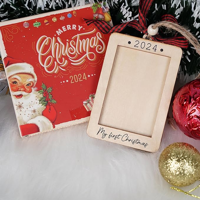 Christmas Photo Frame Ornament, 2025 Ornament, Wooden Picture Frame Ornaments With Hanging String (Cat)