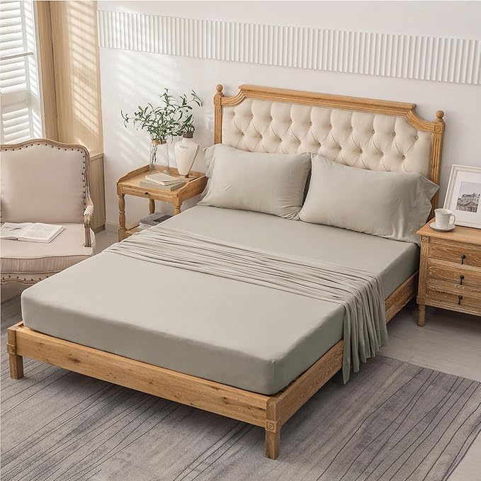 PURE ERA Jersey Knit 4pc Bed Sheet Set 100% T-Shirt Heather Cotton Super Soft Comfy Breathable Fits Mattress Up to 20" Extra Deep Pocket (Dark Beige,King)