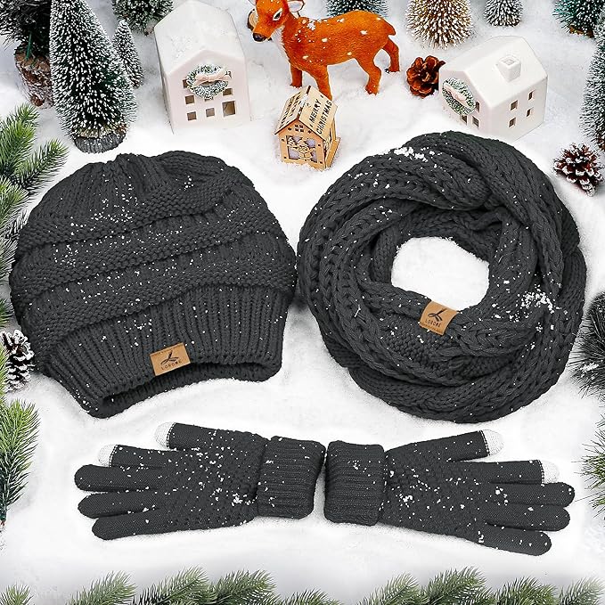 Winter Beanie Hat Scarf Gloves, Warm Fleece Knit Hats Touch Screen Gloves Neck Scarf Set Winter Gifts for Unisex Adult