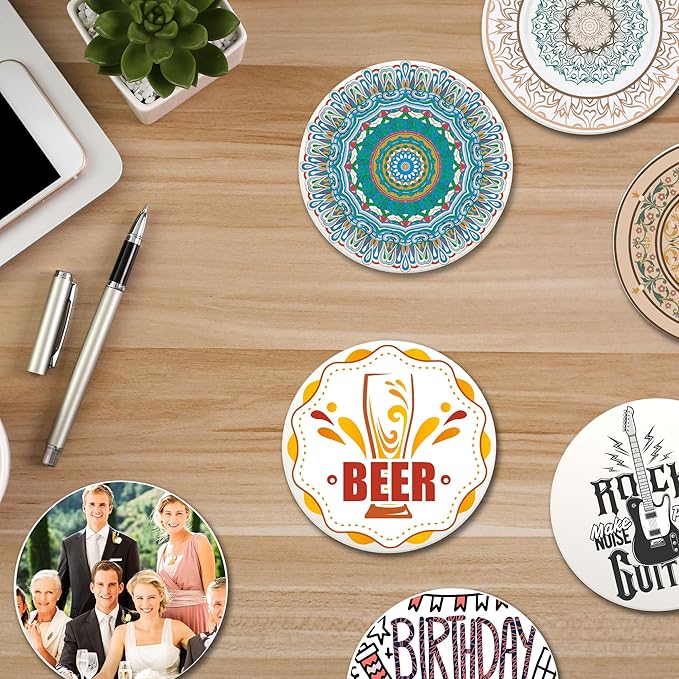 Custom Coasters, Personalized Ceramic Drink Coasters with Photo, Text or Logo – 4 Inch Round Absorbent Coaster with Cork Bottom & Holder – Gift for Home, Wedding, Bar, Coffee (Round Version)