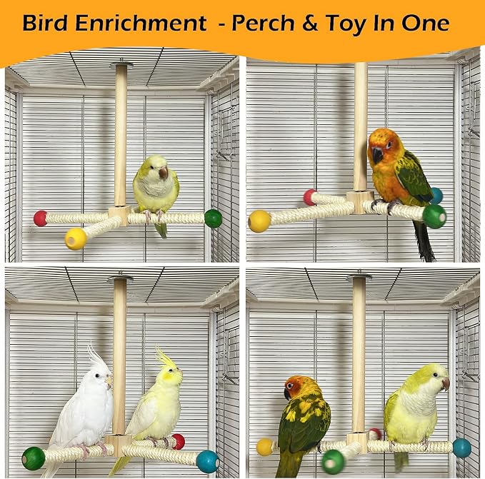 Large Bird Perch Toy, Interactive Wooden 360° Spinning Cage Toy(L) | Exercise Wheel Quaker Toy, Enrichment Bird Cage Accessories Perch Toys for Medium-sized Birds Cockatiel Ring-necked Caique