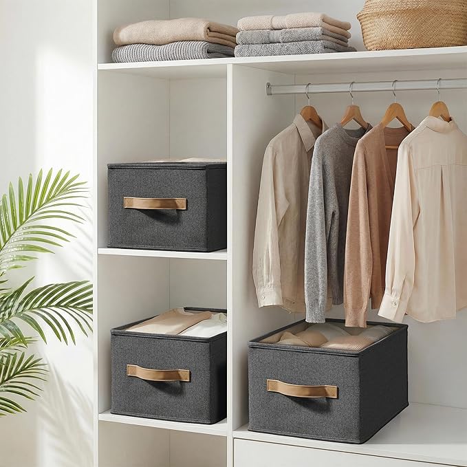3 Pack Fabric Storage Bins for Shelves | 14¾" L*10¼" W*8¼" H Closet Storage Bins | Collapsible Closet Organizers for Clothes | Linen Clothes Bins | Black