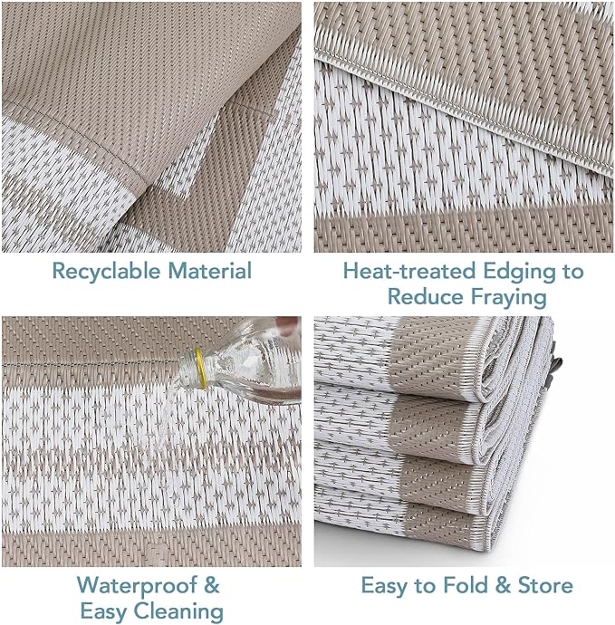 10x20 Large Outdoor Patio Rug Modern Border Plastic Straw Outdoor Rugs Waterproof Foldable UV Resistant Camping Reversible Mats for Deck, Picnic, Camper, Balcony, Beach, Rv,Light Brown
